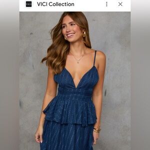 VICI Collection Love Waits Tiered Peplum Midi Dress in navy blue chiffon Size M